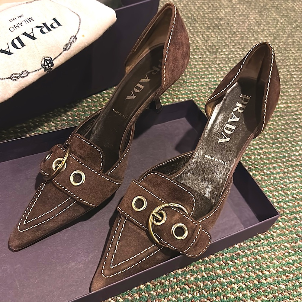 PRADA Calzature Donna in Crosta Caffè Suede Kitten Heels [Maroon]  Y2K 90s